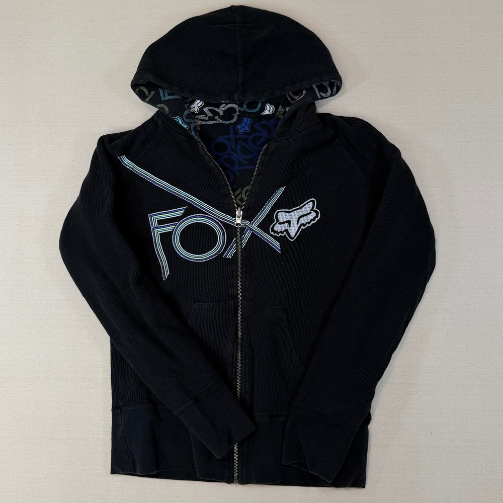 Fox Racing Reversible Thermal Zip Up Hoodie Black Waffle Knit XL Womens Y2K